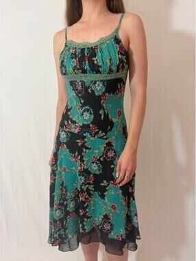 Blue Floral Paisley Mesh Fairy Sequin Silky Vintage Midi Dress